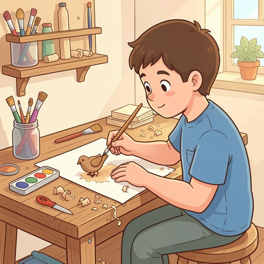 A person in a workshop carefully painting a wooden toy bird.