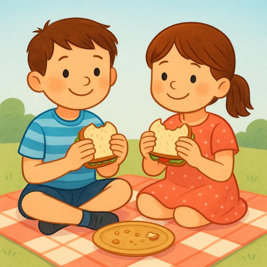 A storybook illustration depicting a boy and a girl sitting next to each other, each holding the remaining crust of their half of a sandwich, suggesting they have just finished eating it together.