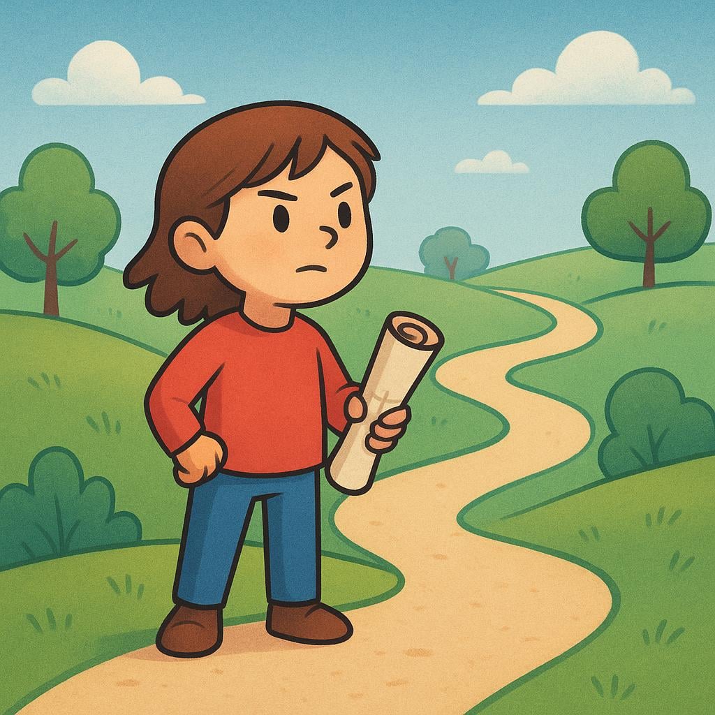 A determined figure standing at the beginning of a winding dirt path, holding a simple rolled-up map, symbolizing a future intention or plan.