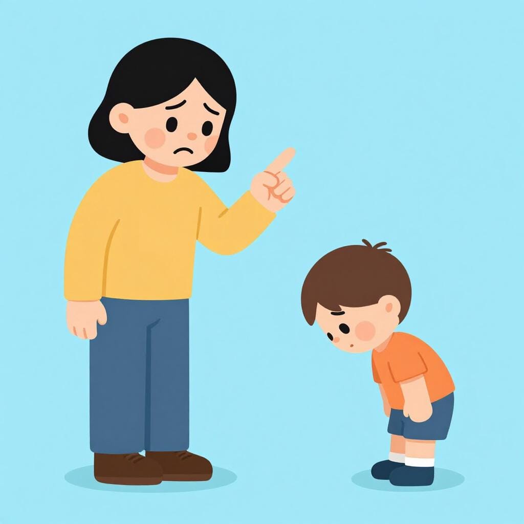 An illustration of a person with a disappointed expression wagging a finger at someone who looks apologetic.