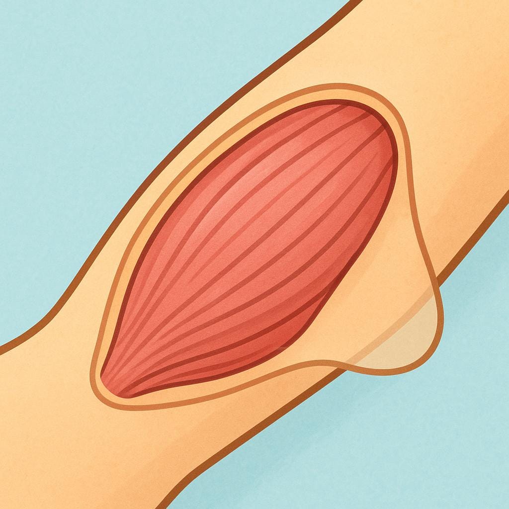 A close-up view of a person's forearm, showing the skin and the visual suggestion of the underlying pink muscle tissue.