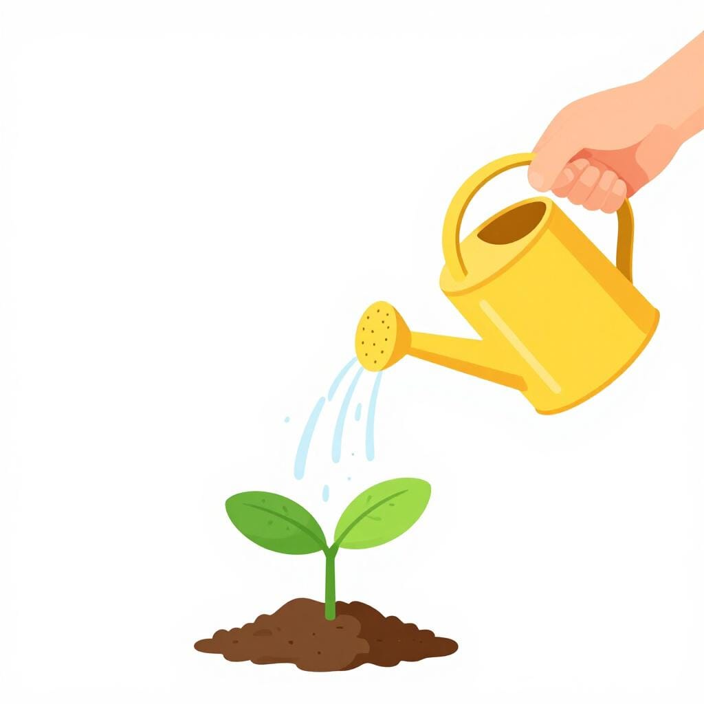 A watering can pouring water onto a small green sprout, making it grow taller and brighter.