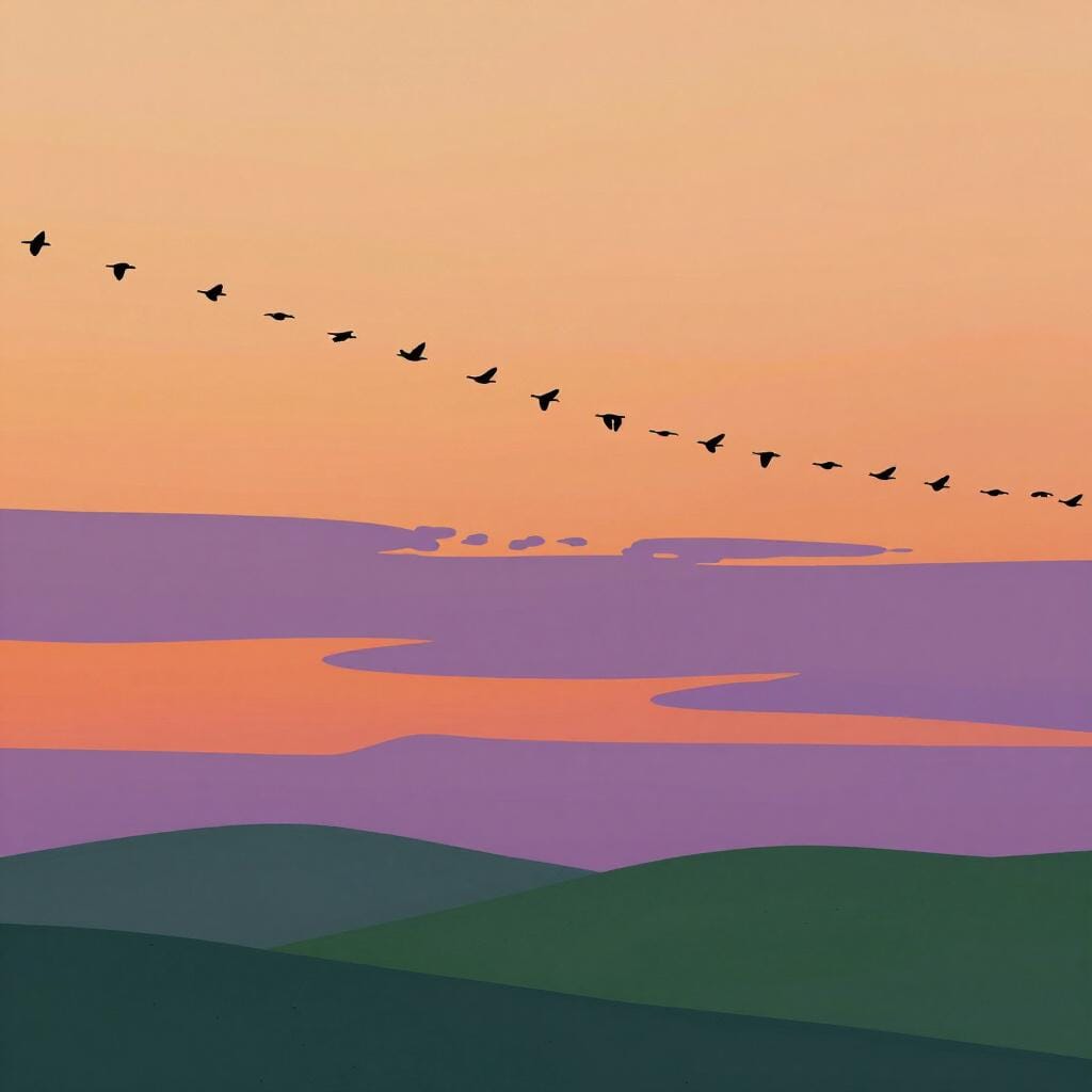 Een zwerm vogels die in een V-formatie vliegt tegen een zonsondergang.