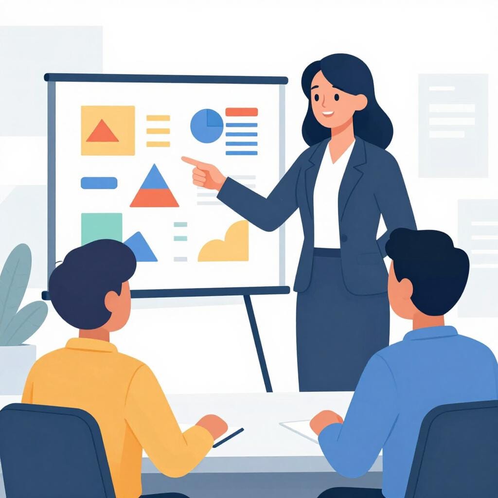 Een vriendelijke teamleider wijst naar een kleurrijke grafiek terwijl drie teamleden aandachtig luisteren in een licht kantoor.