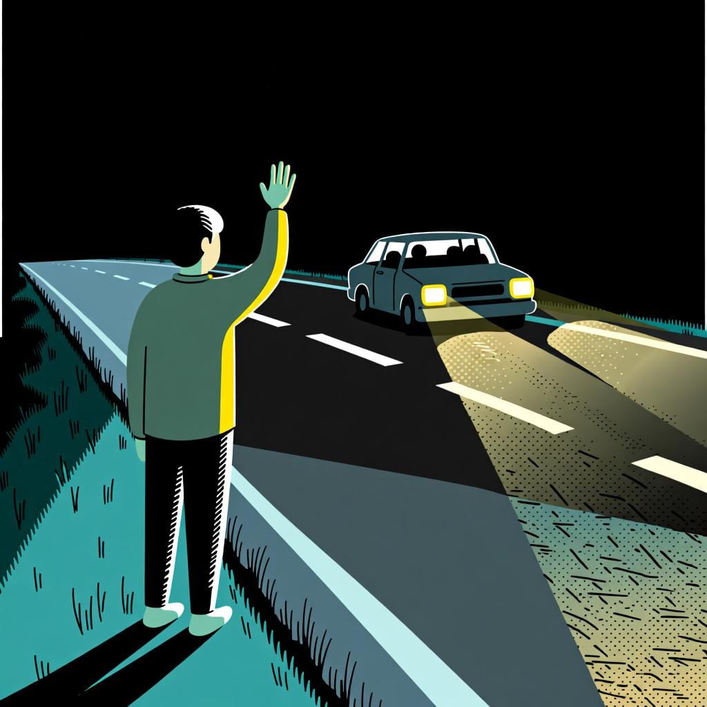 A person waving goodbye as a car drives away down a long road, representing an event that happened in the past.