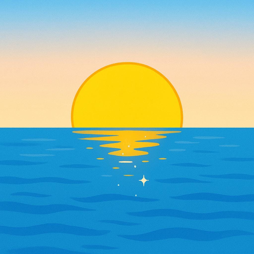 A bright orange sun peaking over a flat blue ocean horizon line, symbolizing the direction of East.
