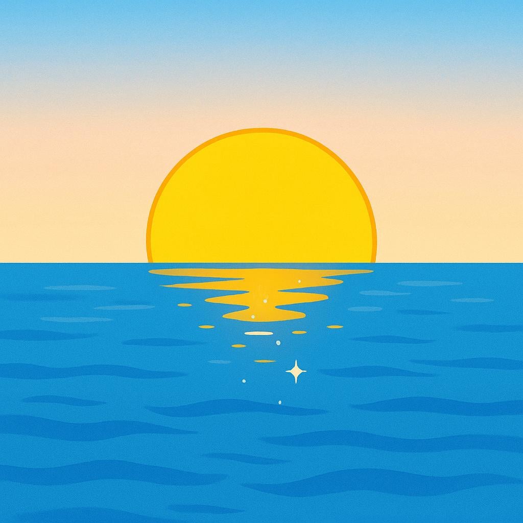 A bright orange sun peaking over a flat blue ocean horizon line, symbolizing the direction of East.