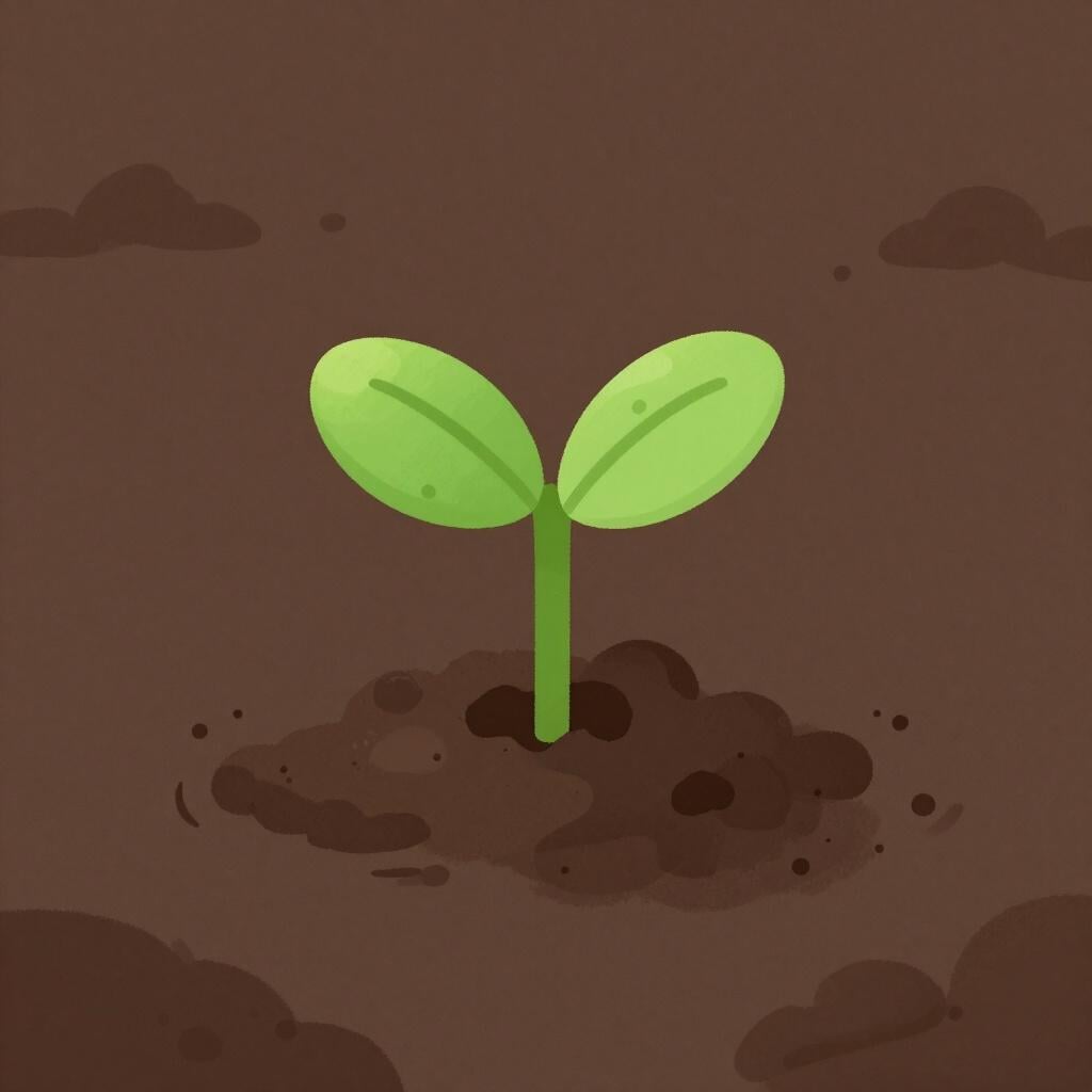 A tiny green seedling breaking through dark soil into the sunlight.