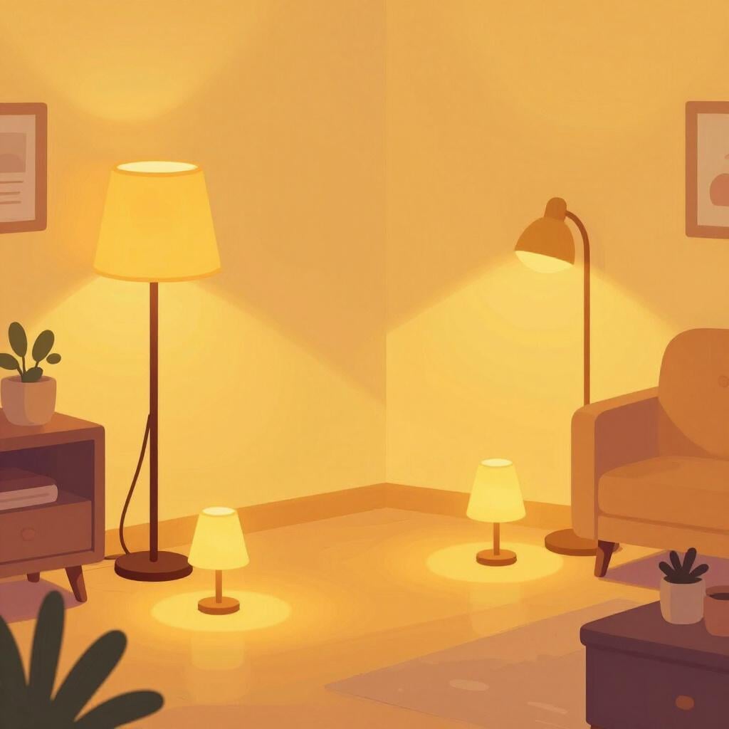 A cozy living room illuminated by several warm lamps and a soft glow.
