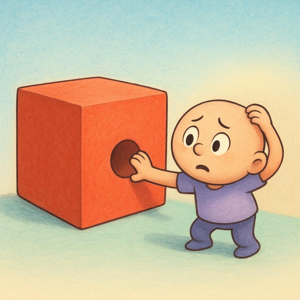 A simple cartoon character looking puzzled while trying to force a large square peg into a small round hole, symbolizing foolishness.