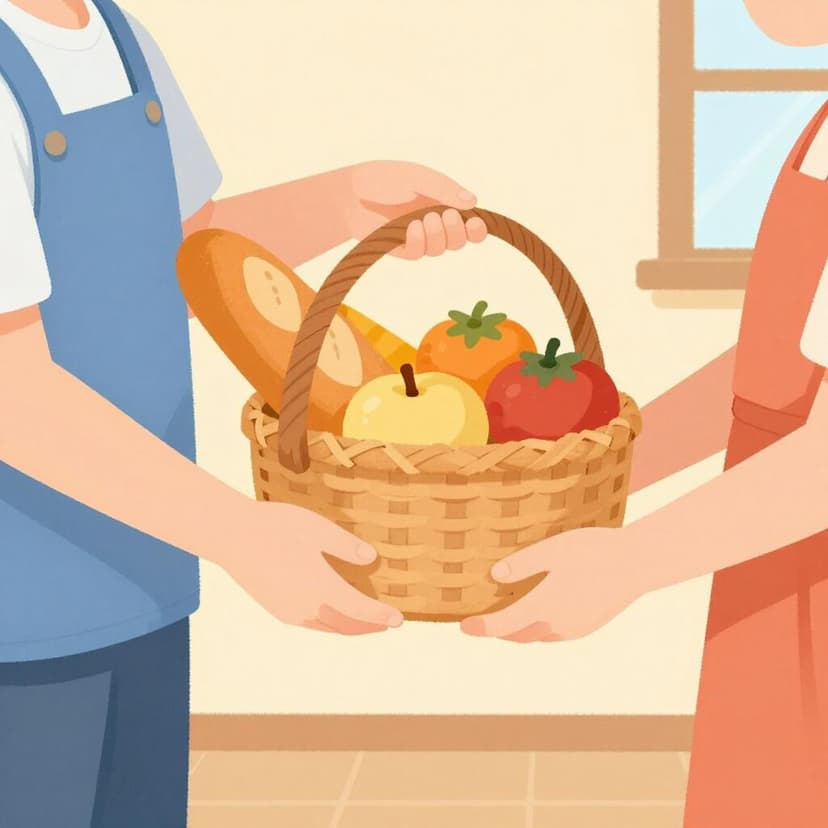 A kind person handing a basket filled with fresh bread and fruit to another person.