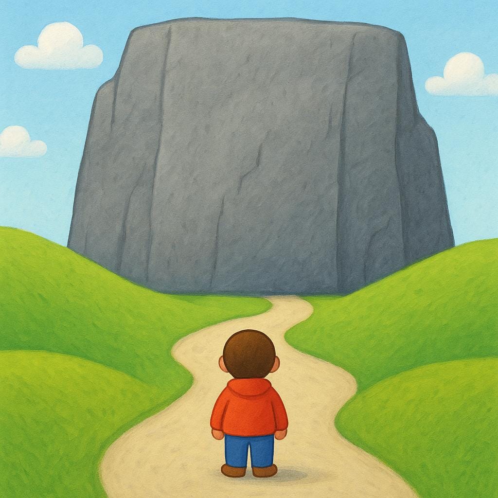 A small stylized character stands on a simple dirt path, facing a huge, insurmountable grey rock wall that completely blocks the way forward.