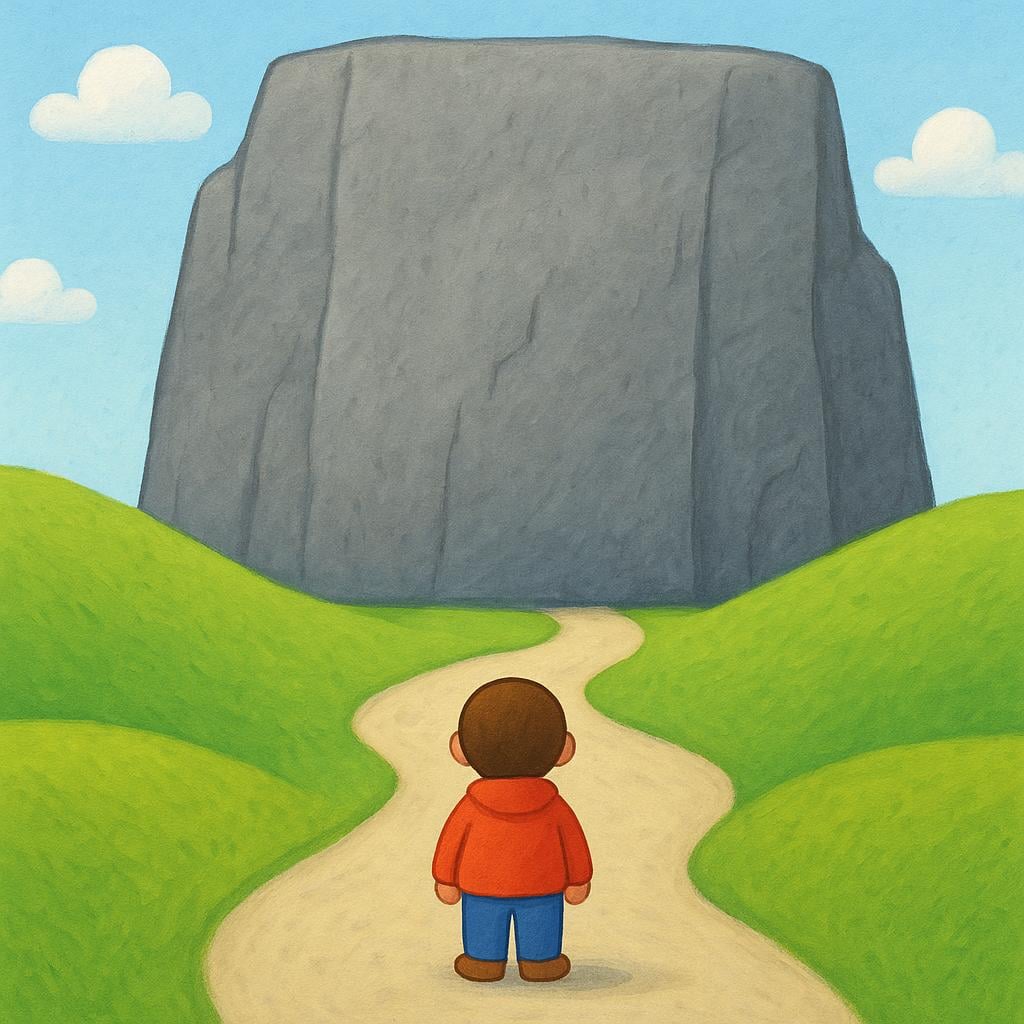 A small stylized character stands on a simple dirt path, facing a huge, insurmountable grey rock wall that completely blocks the way forward.