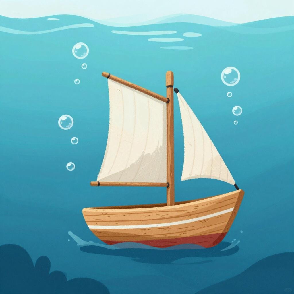 A small wooden toy boat sinking beneath the surface of clear blue water.