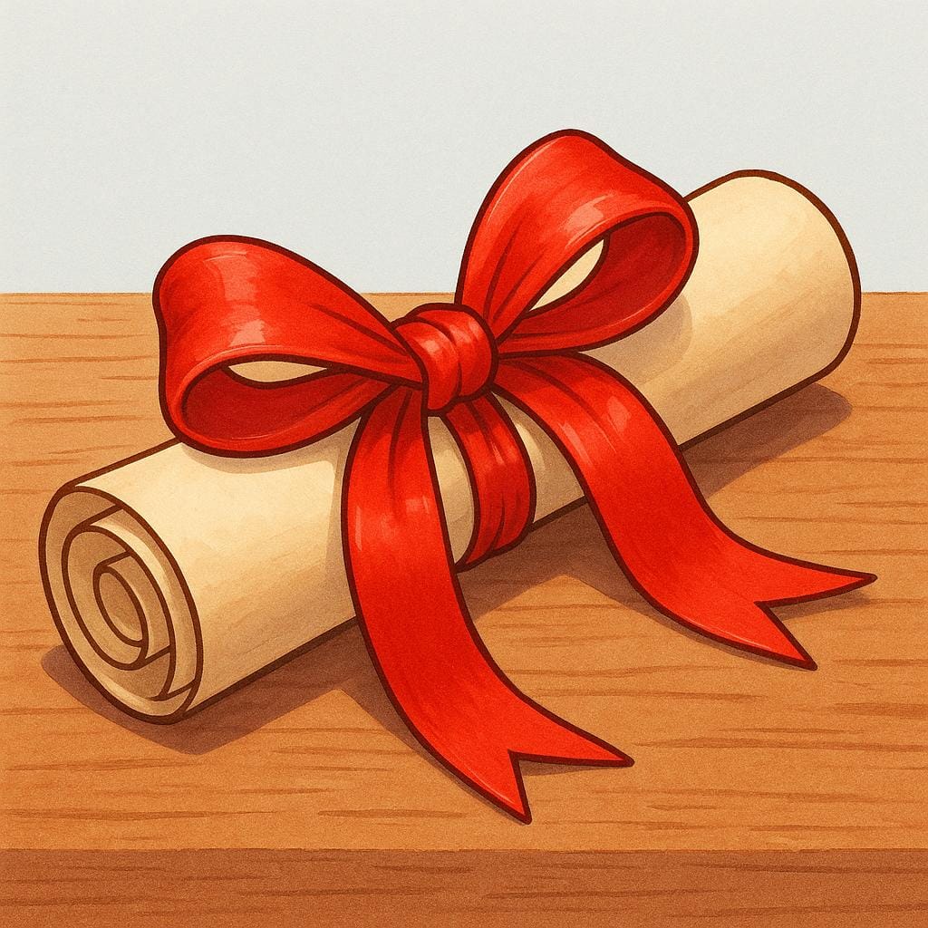 A tightly rolled scroll of official-looking paper tied securely with a thick red ribbon, symbolizing a formal document.