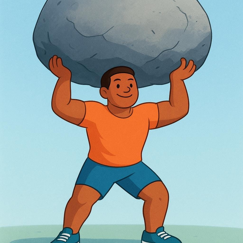 A strong person is holding a large, heavy grey boulder above their head with both hands, showing physical support.