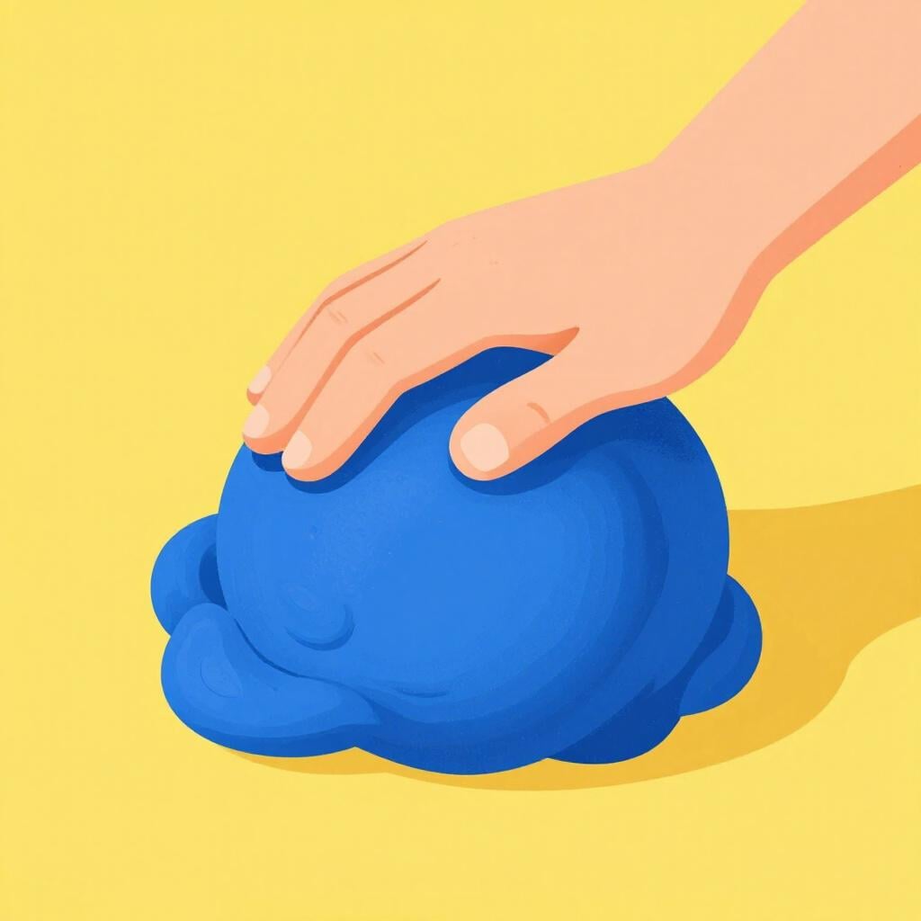 Une boule d'argile colorée écrasée par une main en une forme irrégulière et tordue.