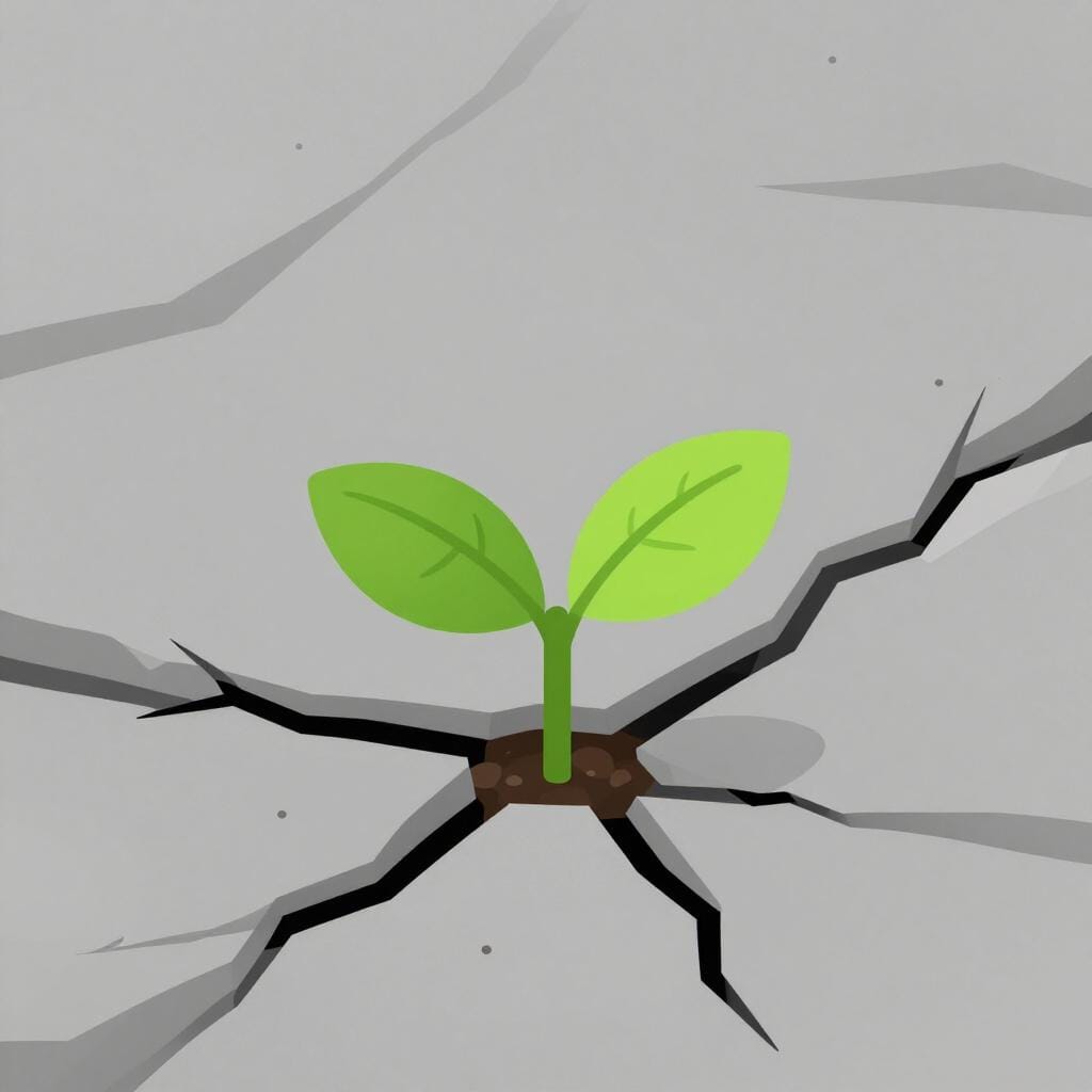 Une illustration colorée d'une plante verte vibrante poussant à travers un trottoir gris et fissuré, symbolisant un changement total.