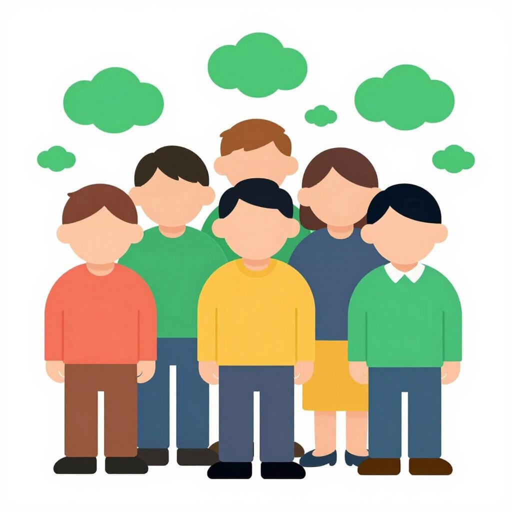 A row of simple people icons, several of whom are green and coughing to represent being unwell, standing next to each other.