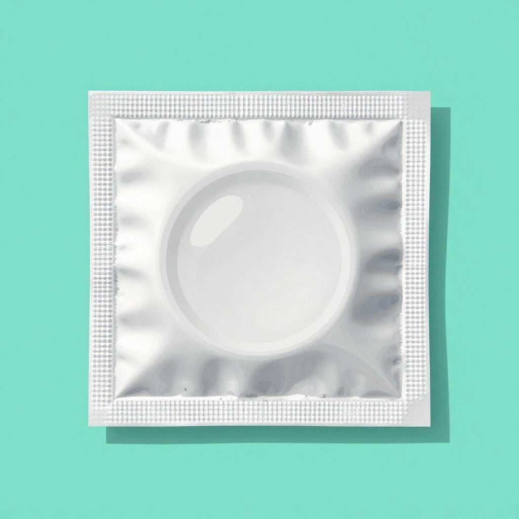 A single, unopened silver foil packet for a condom on a solid blue background.