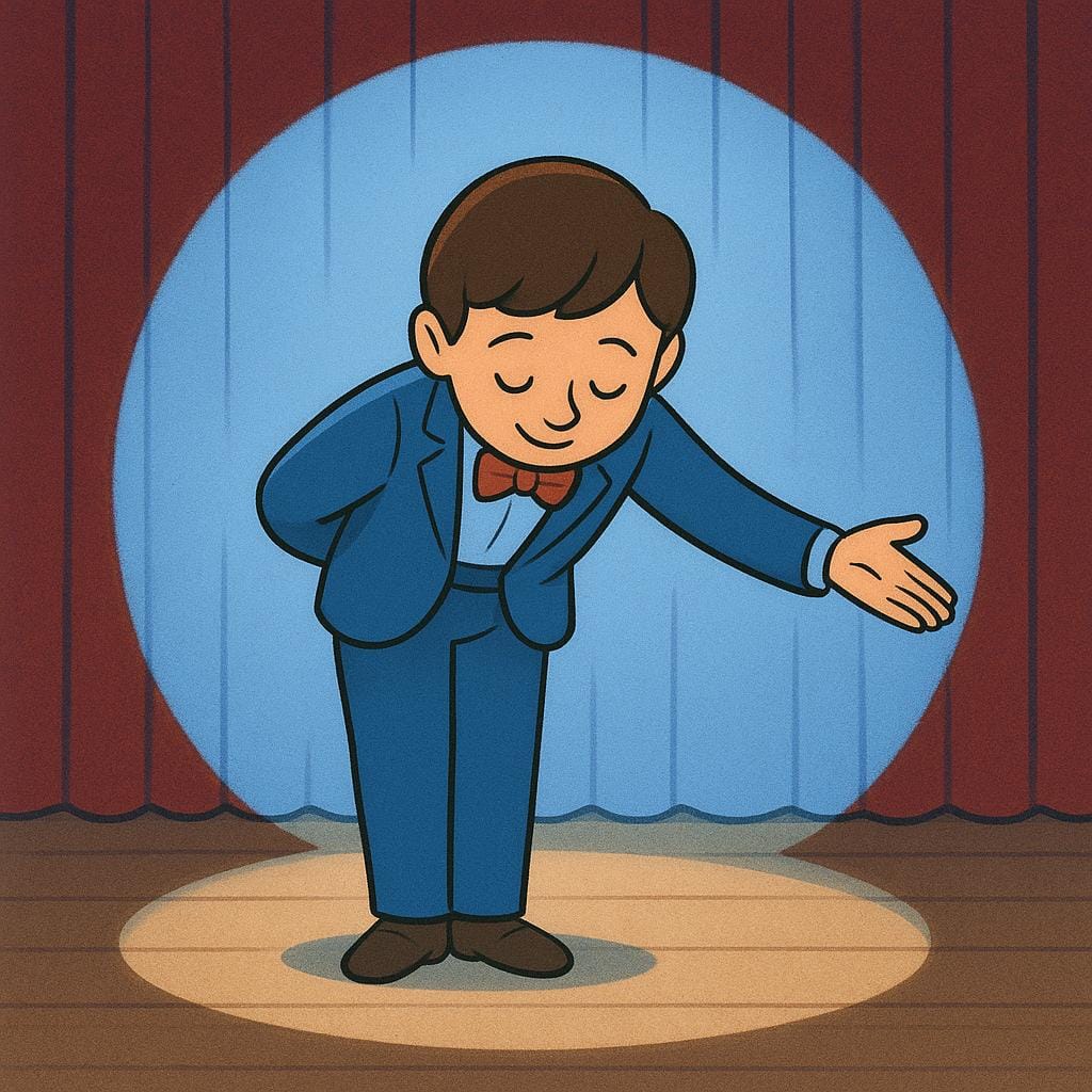 A person dressed in a costume standing center stage under a bright spotlight, bowing to an unseen audience.