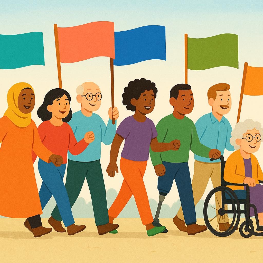 A diverse group of stylized people marching together in the same direction, carrying simple, blank, colorful banners.