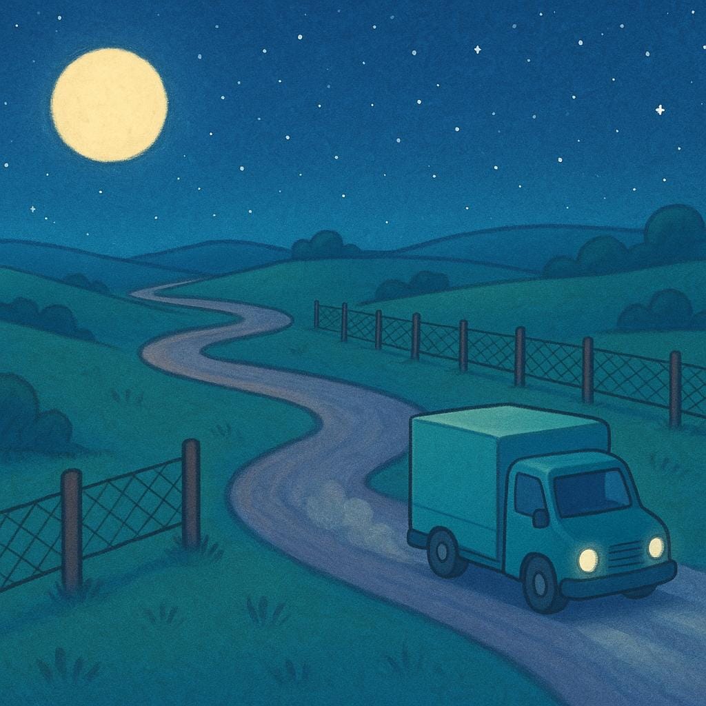 A small, fast-moving, unmarked cargo truck drives along a winding dirt road that crosses a border fence, symbolizing a trafficking route.