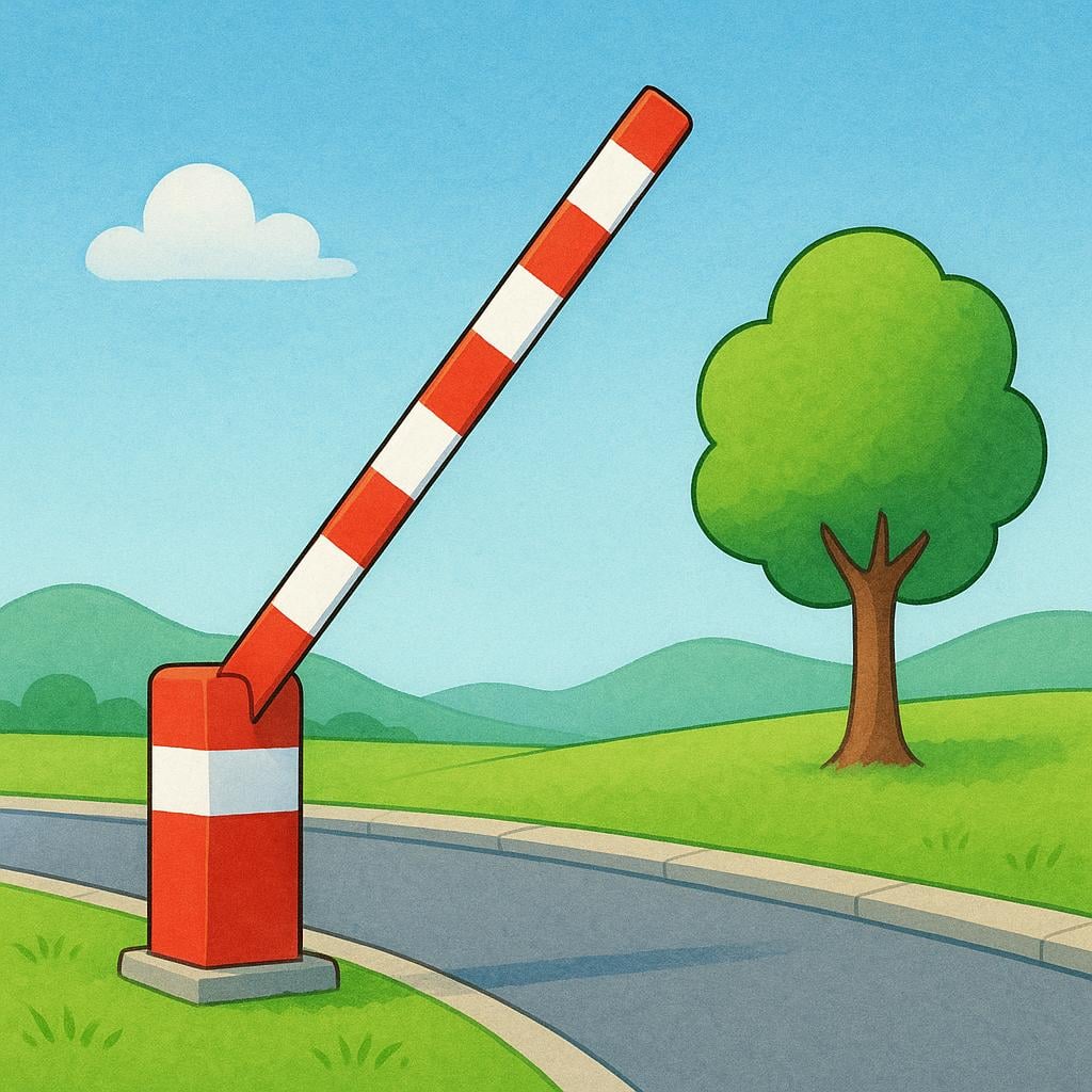 A high-quality storybook illustration showing a bright red and white striped boom gate (barrier arm) fully raised, symbolizing access granted or official permission.