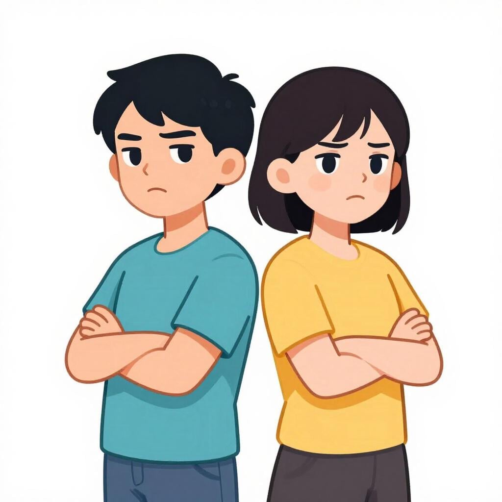 Two people standing back to back looking in opposite directions with crossed arms.