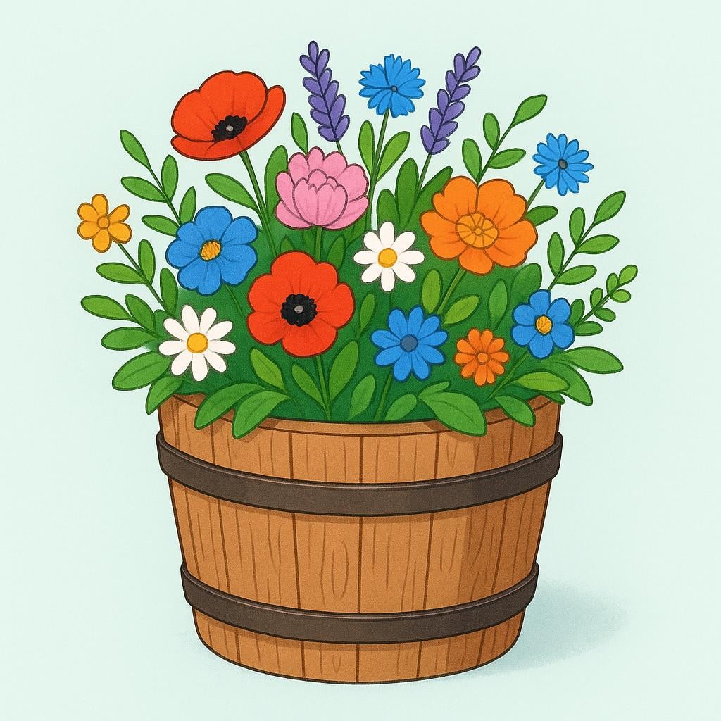 A rustic wooden barrel that has been repurposed and filled with vibrant flowers, now serving as a large planter.