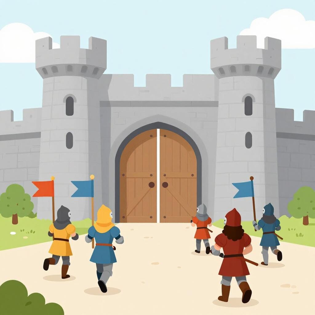 A group of knights running toward a stone castle with a raised flag.