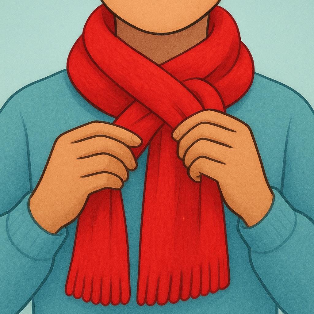 A smiling person is putting a bright red scarf around their neck.