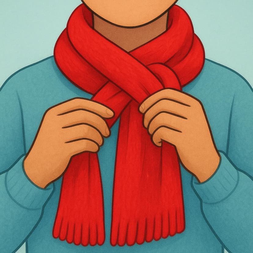 A smiling person is putting a bright red scarf around their neck.