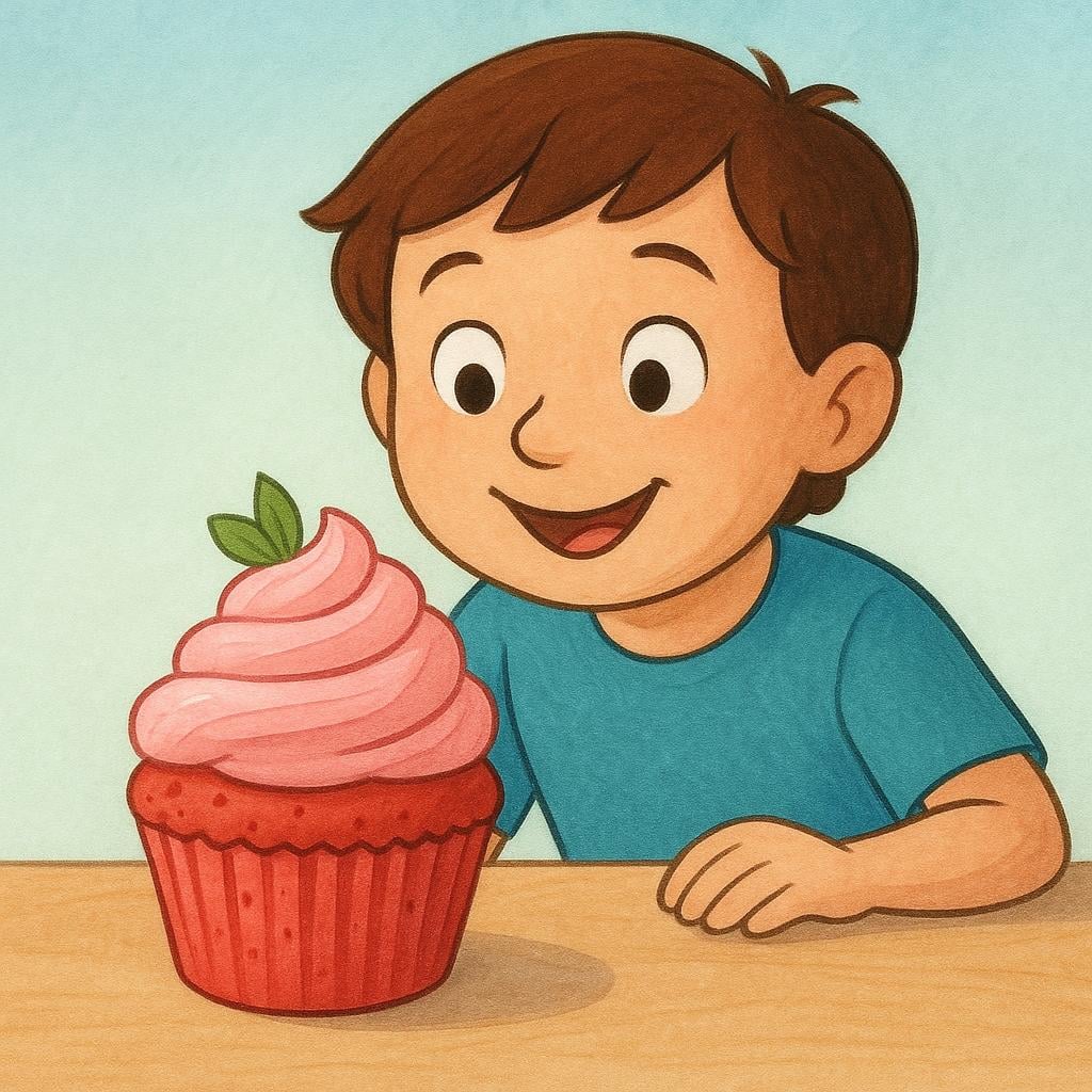 A person looking happily at a large, delicious strawberry cupcake with pink frosting.