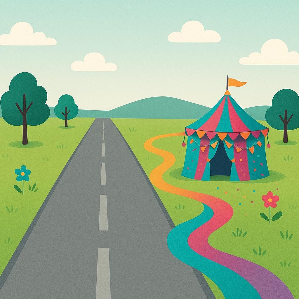 A straight, gray road representing a routine path. Branching off the main road is a short, winding, brightly colored side path leading to a single, small, highly decorated party tent, symbolizing an event outside the normal schedule.