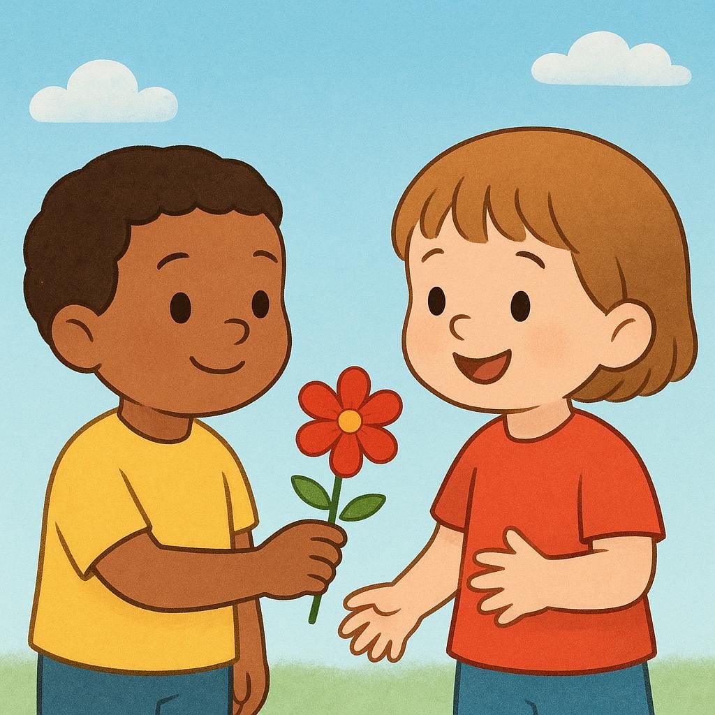 A storybook illustration showing a smiling child offering a red flower to another smiling child, symbolizing a nice and friendly personality.