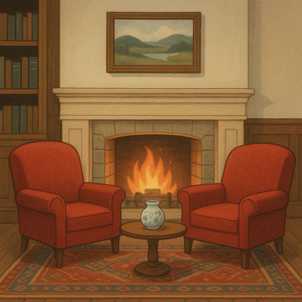 Eine Innenansicht eines ruhigen, eleganten Gesellschaftsclubraums mit bequemen Sesseln, einem kleinen Holztisch und einem Kamin.