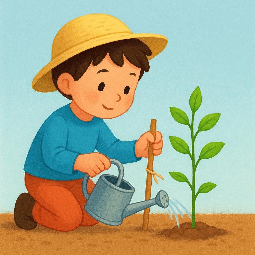 A young gardener tending to a small, wilting plant, carefully watering it and supporting it, showing the action of improving its condition.