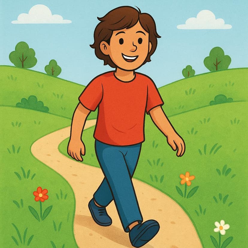 A brightly colored storybook illustration showing a happy young person walking actively down a winding path. The path leads directly from the background toward the foreground, symbolizing arrival.