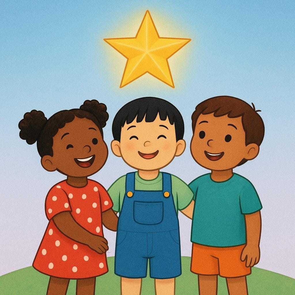 Three diverse children standing together, smiling joyfully, illuminated by a large, bright, floating golden star, symbolizing a wish or hope.