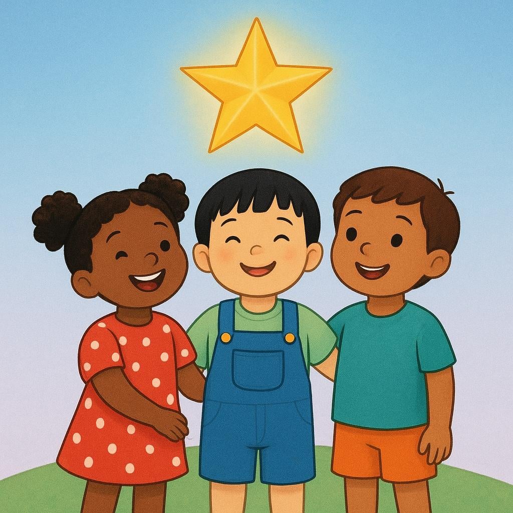 Three diverse children standing together, smiling joyfully, illuminated by a large, bright, floating golden star, symbolizing a wish or hope.