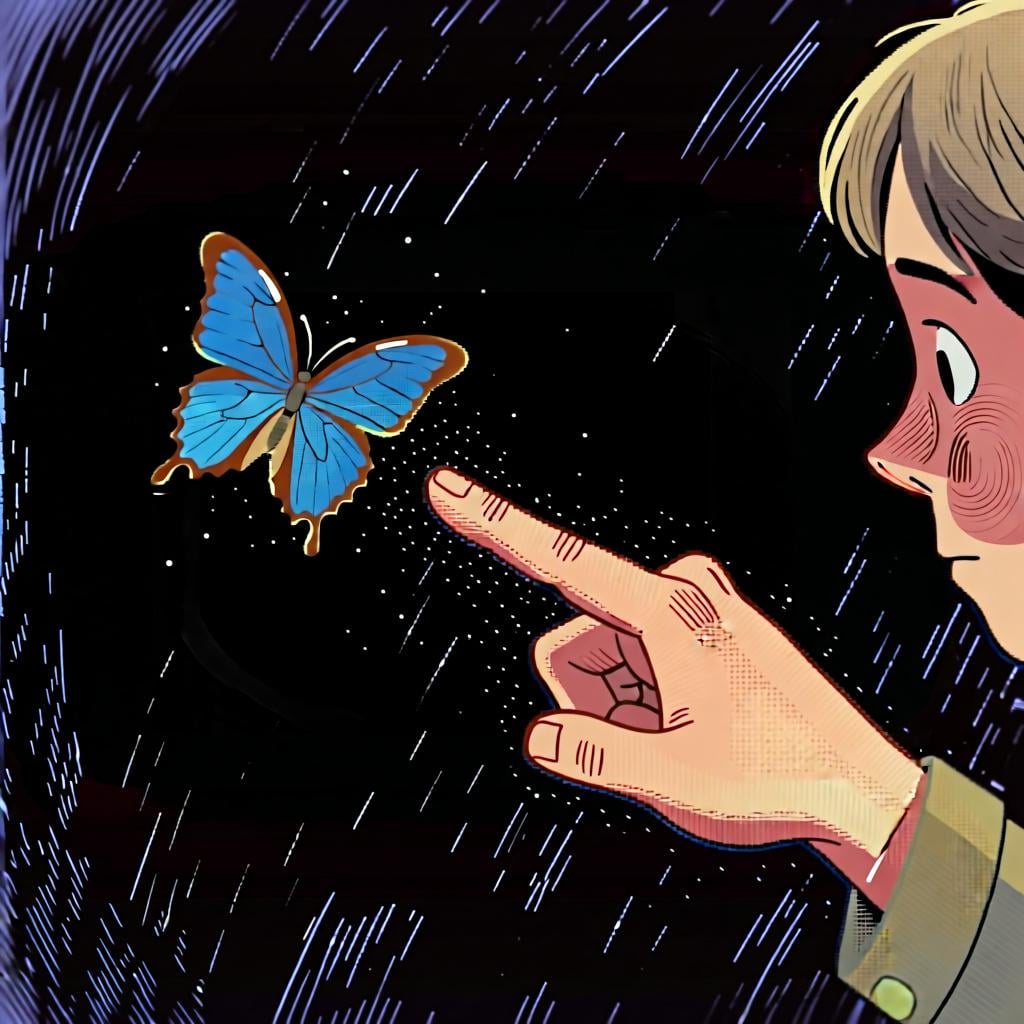 A person's hand pointing directly at a blue butterfly, representing the Spanish pronoun 'la' which means 'her' or 'it' when referring to something feminine.