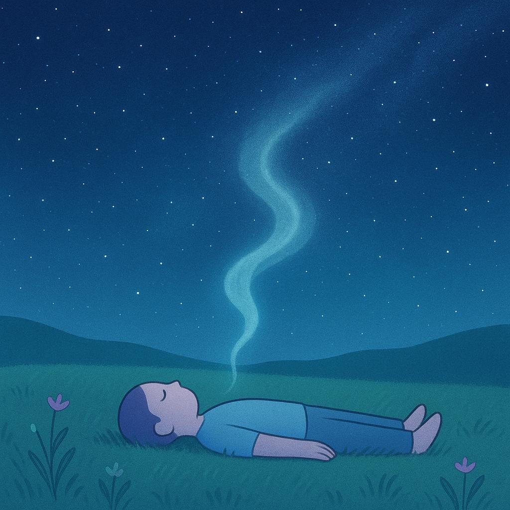 A simple illustration of a person lying still and peacefully in a grassy field at night, with a faint glowing mist surrounding them, symbolizing passing away.