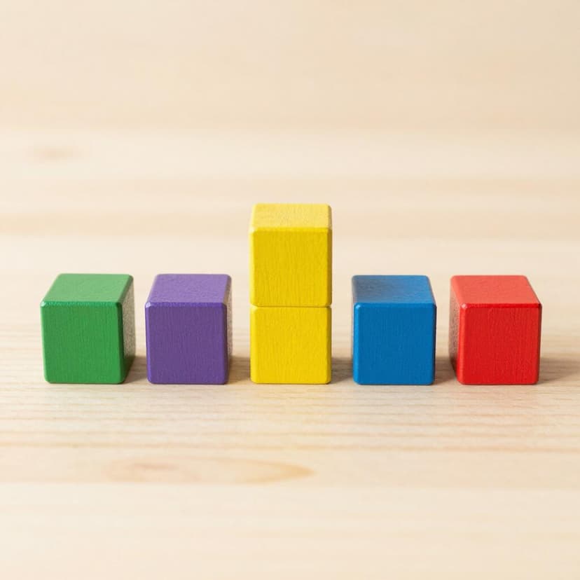 Eine Reihe von bunten Holzklötzen, die perfekt in einer geraden horizontalen Linie auf einem Holzboden ausgerichtet sind.