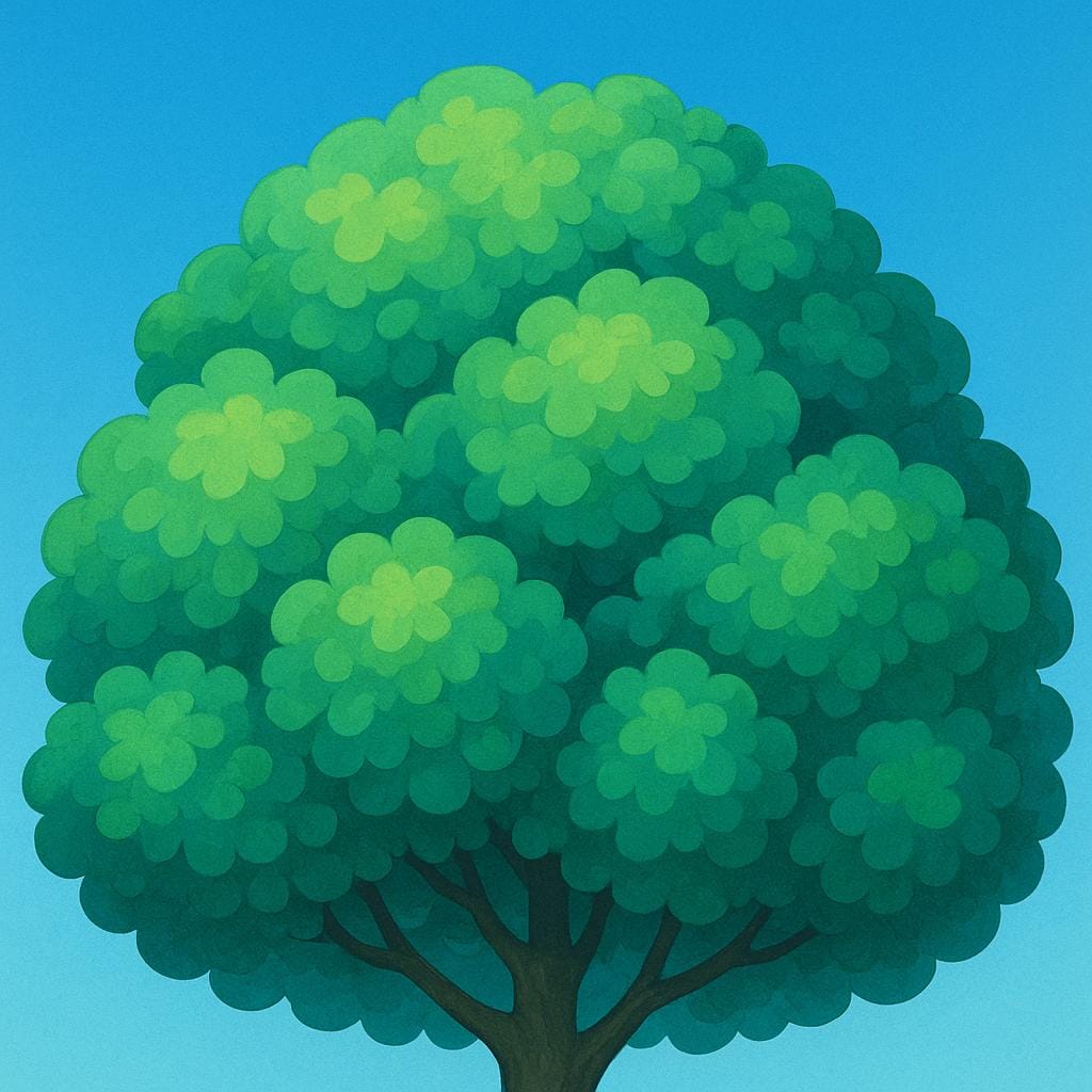 A close-up view of the dense, green, rounded canopy of a large tree against a bright blue sky.