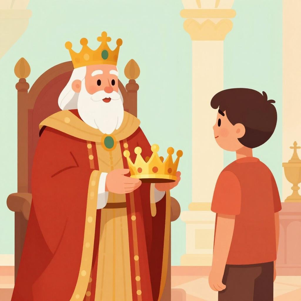 A high quality simple colorful storybook illustration showing an older king handing a golden crown to a younger prince.