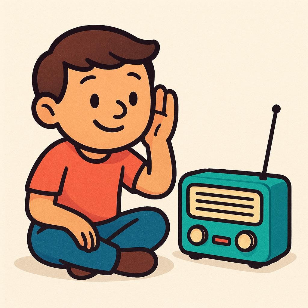 Eine farbenfrohe Illustration, die eine kleine, vereinfachte Figur zeigt, die aufmerksam neben einem roten, tragbaren Vintage-Radio sitzt. Die Figur hält eine Hand ans Ohr, was auf konzentrierte Aufmerksamkeit für die Schallquelle hindeutet.