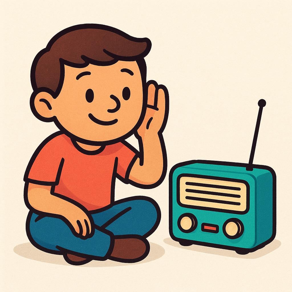 A brightly colored illustration showing a small, simplified character sitting intently next to a vintage, red portable radio. The character has a hand cupped to their ear, demonstrating focused attention on the sound source.