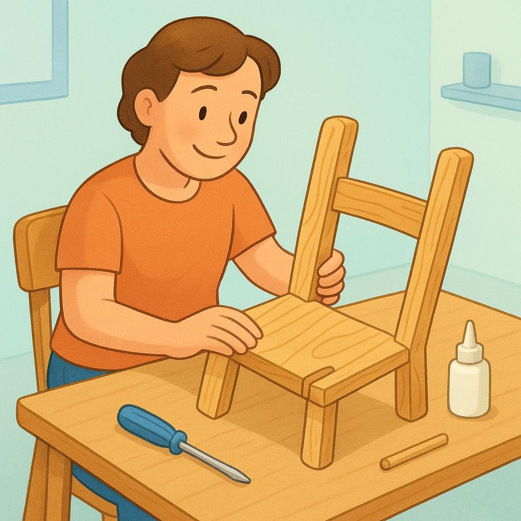 A person assembling a simple wooden chair by connecting two pieces of wood.