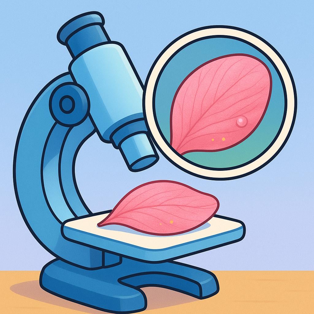 A simple, stylized illustration of a microscope focused intensely on a single, detailed pink flower petal, representing a scientific study.